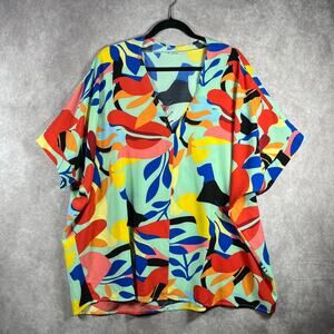 Jodifl Blouse Womens 1X Multicolor Leaf Print Dolman Sleeves V-Neck Colorful Fun